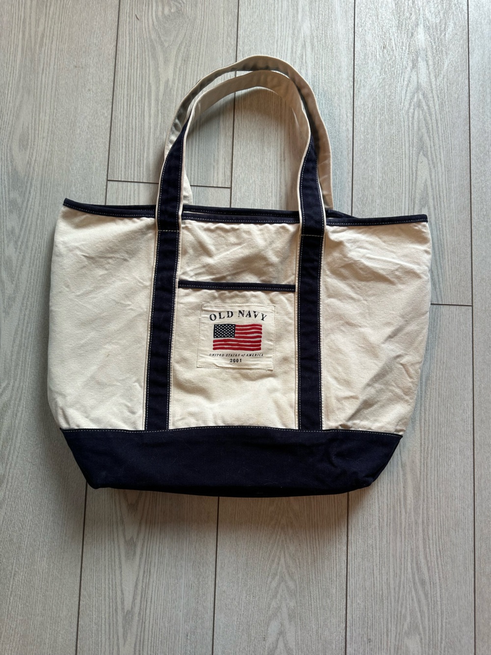 Vintage 2000's Old Navy Cream and Black Canvas Tote with Flag Patch